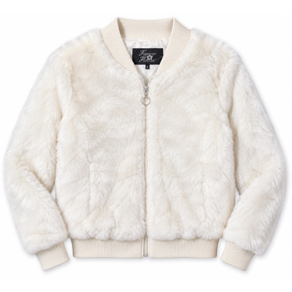 Forever Flower Clothing Co Ivory Faux Fur Bomber Jacket Full Zip Cream Large